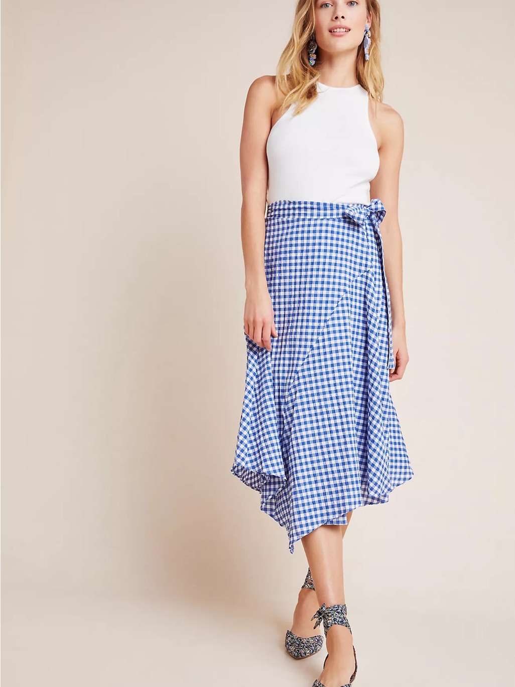 Anthropologie Maeve Blue And White Gingham A-Line Tie Waist Glenna Skirt - Us 14